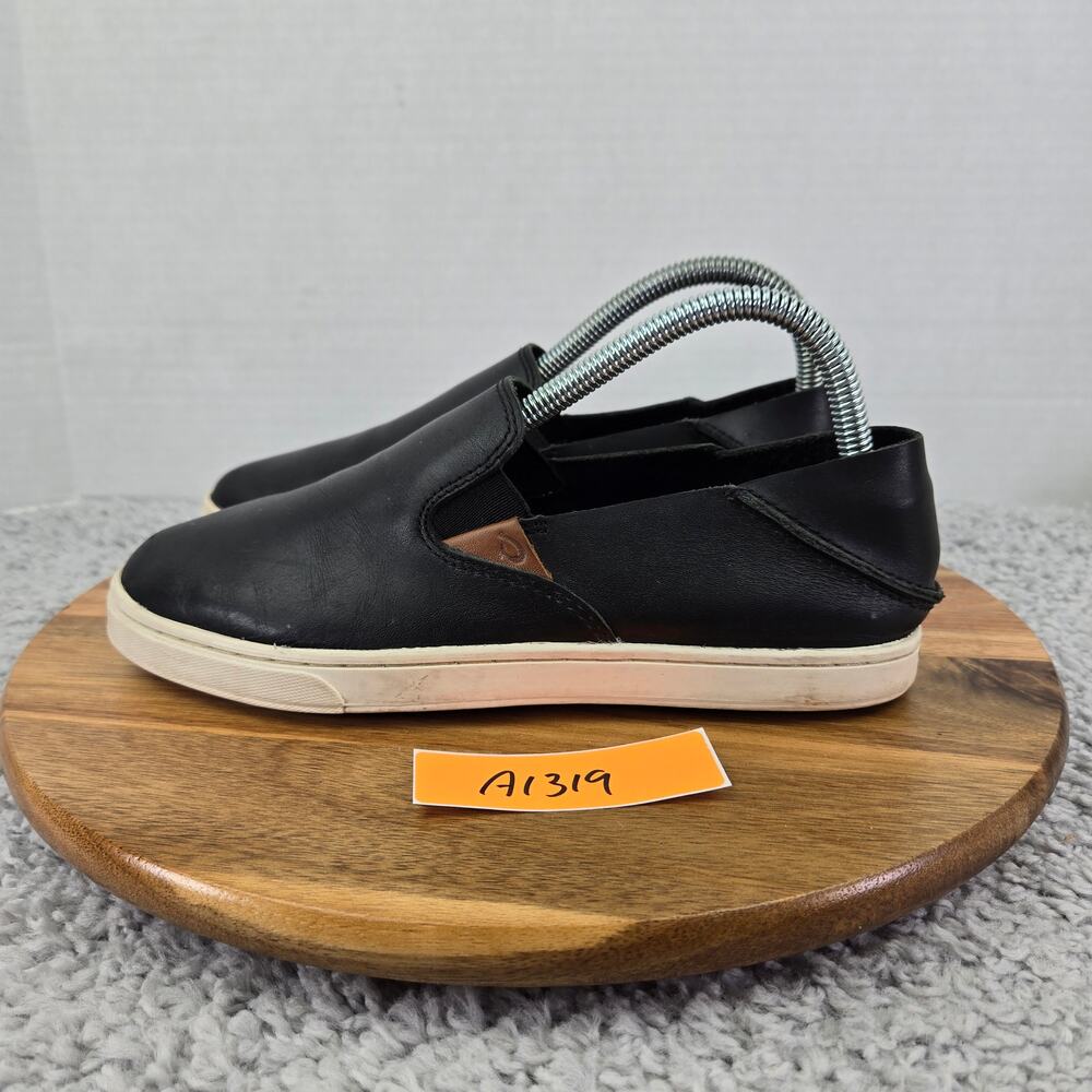 Olukai Women 7 Pehuea Leather Black Casual Lifestyle Daily Slip On Daily Sneaker